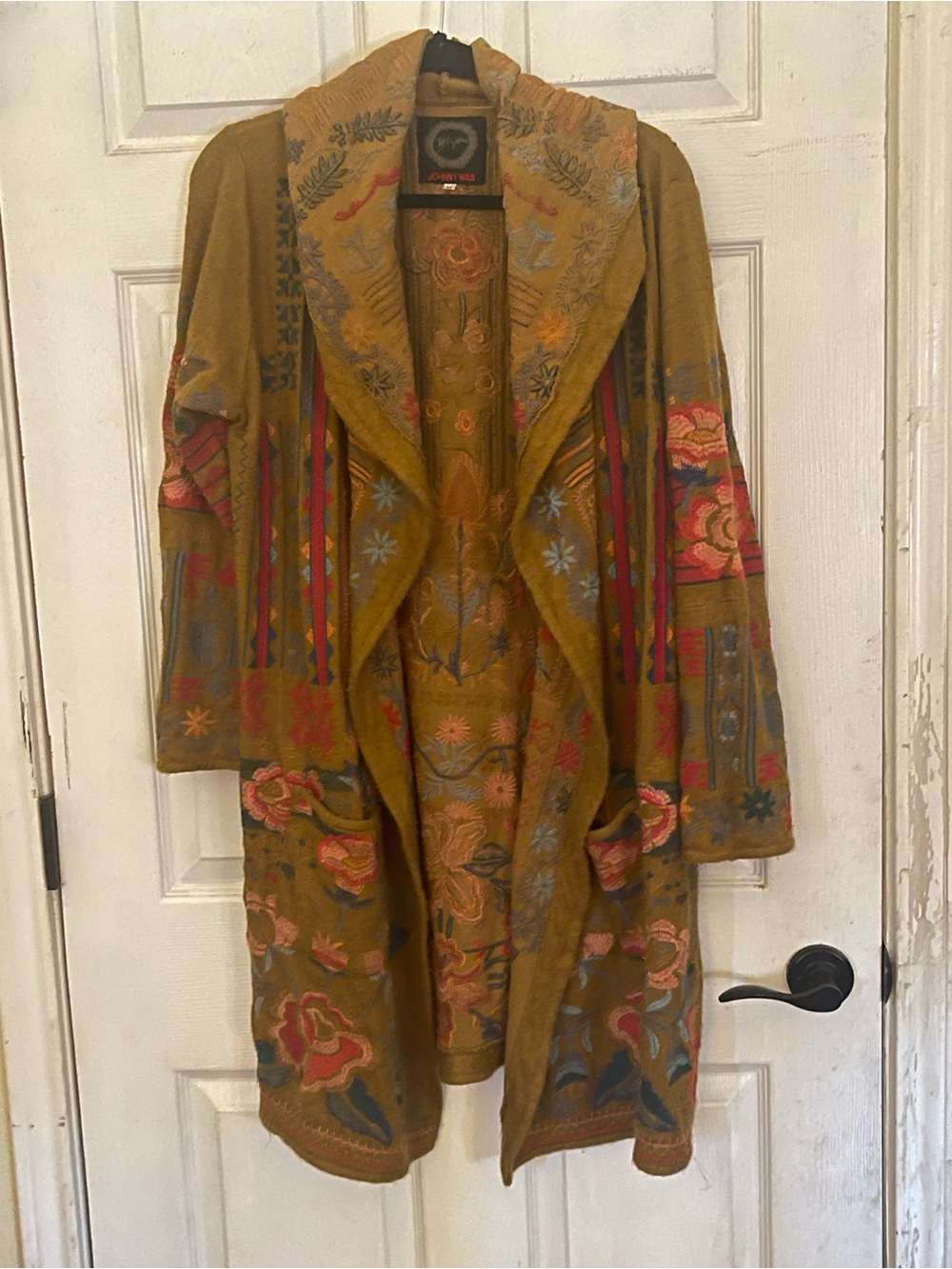 Johnny Was Mustard Embroidered Open-Front Cardigan with Floral Accents
